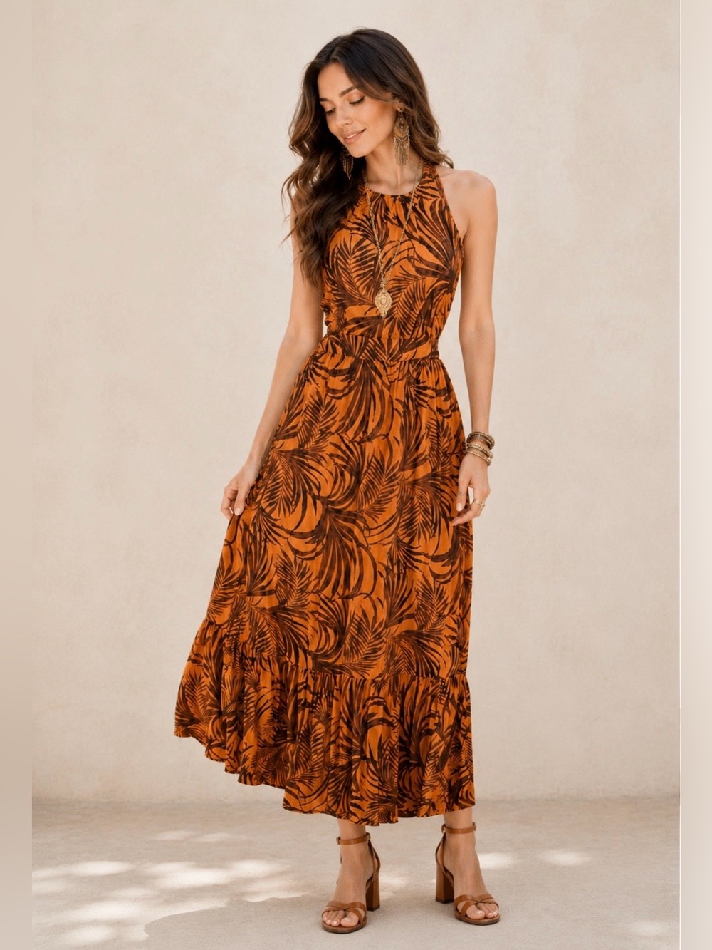 $159 MinkPink Finley Orange/Brown Tropical Leaf Halter Resort MaxiDress, Sz M